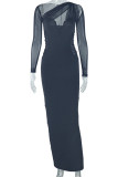 Black Sexy Formal Elegant Solid Color Hollow Out Patchwork Oblique Collar Long Dresses