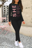 Black Pink Casual Street Letter Print Contrast O Neck Long Sleeve Two Pieces