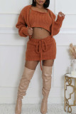 Coffee Casual Solid Color Draw String Patchwork Spaghetti Strap Three Pieces