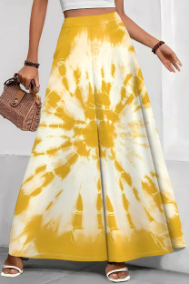 Yellow Casual Tie Dye Patchwork Loose Mid Waist Speaker Full Print Bottoms