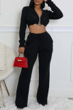 Apricot Casual Solid Color Pocket Patchwork Zipper Zipper Collar Long Sleeve Two Pieces