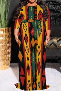 Yellow Casual Print Patchwork Strap Design O Neck Long Plus Size Dresses