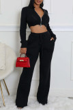 Apricot Casual Solid Color Pocket Patchwork Zipper Zipper Collar Long Sleeve Two Pieces