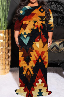 Black Yellow Casual Print Patchwork Strap Design O Neck Long Plus Size Dresses
