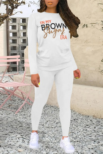 White Black Casual Street Letter Print Contrast O Neck Long Sleeve Two Pieces