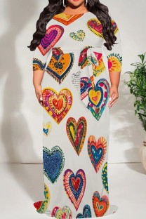 Colour Casual Print Patchwork Strap Design O Neck Long Plus Size Dresses
