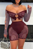 Blue Sexy Hot Solid Color Hollow Out Backless Off Shoulder Long Sleeve Two Pieces