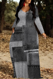 Grey Casual Street Faux Denim Print Pocket Contrast V Neck Printed Dresses