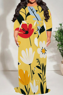 Lemon Yellow Casual Print Patchwork Strap Design O Neck Long Plus Size Dresses