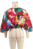 Red Casual Print Patchwork O Neck Tops