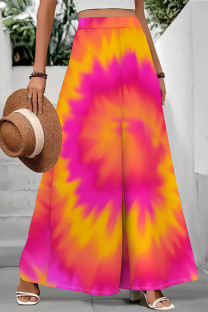 Rose Red Casual Tie Dye Patchwork Loose Mid Waist Speaker Full Print Bottoms