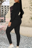 Black Pink Casual Street Letter Print Contrast O Neck Long Sleeve Two Pieces