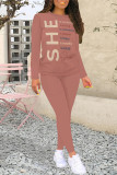 Black Pink Casual Street Letter Print Contrast O Neck Long Sleeve Two Pieces