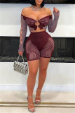 Blue Sexy Hot Solid Color Hollow Out Backless Off Shoulder Long Sleeve Two Pieces