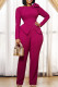 Deep Rose Red Casual Solid Color Patchwork Slit Strap Design O Neck Long Sleeve Two Pieces