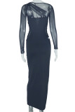Black Sexy Formal Elegant Solid Color Hollow Out Patchwork Oblique Collar Long Dresses