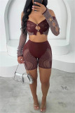 Blue Sexy Hot Solid Color Hollow Out Backless Off Shoulder Long Sleeve Two Pieces
