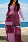 Grey Casual Street Faux Denim Print Pocket Contrast V Neck Printed Dresses