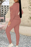 Black Pink Casual Street Letter Print Contrast O Neck Long Sleeve Two Pieces