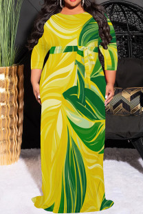 Green Yellow Casual Print Patchwork O Neck Long Plus Size Dresses