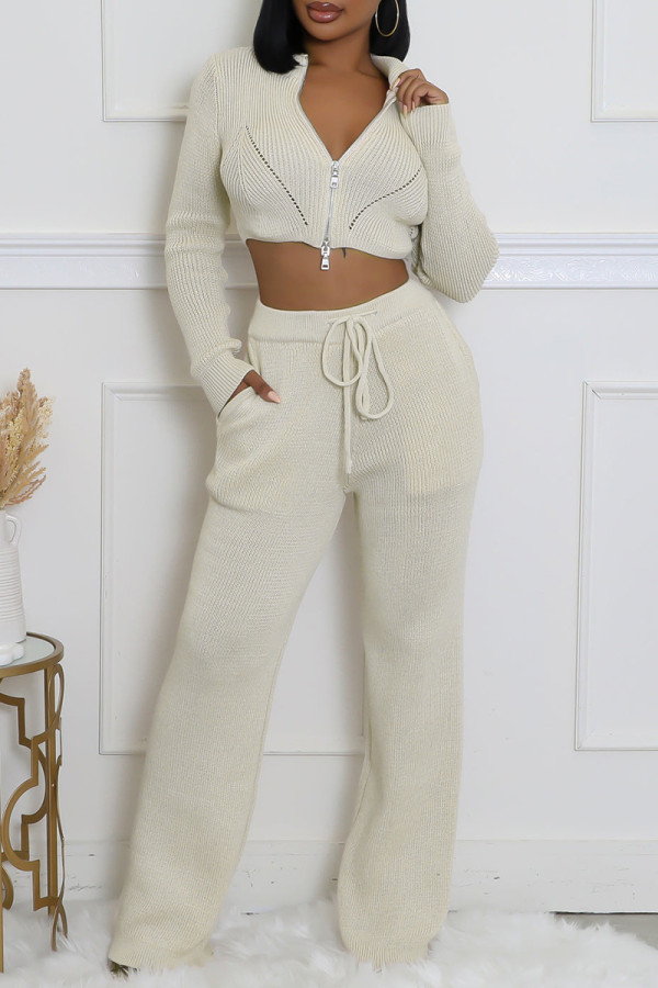 Apricot Casual Solid Color Pocket Patchwork Zipper Zipper Collar Long Sleeve Two Pieces