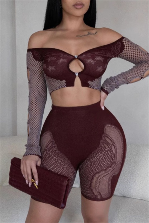 Burgundy Sexy Hot Solid Color Hollow Out Backless Off Shoulder Long Sleeve Two Pieces