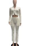 Apricot Casual Solid Color Pocket Patchwork Zipper Zipper Collar Long Sleeve Two Pieces