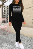 Black Pink Casual Street Letter Print Contrast O Neck Long Sleeve Two Pieces