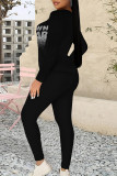 Black Pink Casual Street Letter Print Contrast O Neck Long Sleeve Two Pieces
