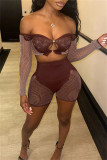 Blue Sexy Hot Solid Color Hollow Out Backless Off Shoulder Long Sleeve Two Pieces