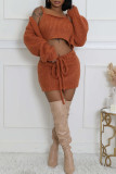 Coffee Casual Solid Color Draw String Patchwork Spaghetti Strap Three Pieces