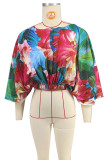 Red Casual Print Patchwork O Neck Tops