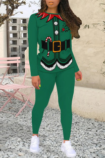Black Green Casual Party Santa Claus Print Contrast O Neck Long Sleeve Two Pieces