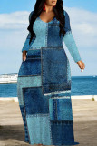 Grey Casual Street Faux Denim Print Pocket Contrast V Neck Printed Dresses
