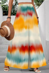 Yellow Red Casual Tie Dye Patchwork Loose Mid Waist Speaker Full Print Bottoms