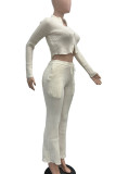 Apricot Casual Solid Color Pocket Patchwork Zipper Zipper Collar Long Sleeve Two Pieces