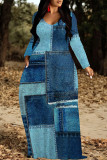 Grey Casual Street Faux Denim Print Pocket Contrast V Neck Printed Dresses