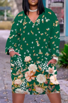 Green Casual Floral Print Pocket Contrast V Neck Printed Plus Size Dresses