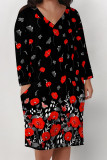 Baby Blue Casual Floral Print Pocket Contrast V Neck Printed Plus Size Dresses