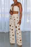 Apricot Sexy Casual Solid Color Hollow Out Patchwork Metal Accessories Trim Belted Halter Sleeveless Two Pieces