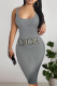 Dark Gray Sexy Letter Print Flowers Contrast U Neck Printed Dresses