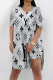 Gray White Casual Street Letter Print Gradient Slit Contrast V Neck Short Sleeve Two Pieces