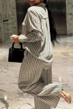 Apricot Casual Print Buckle Patchwork Turndown Collar Long Sleeve Two Pieces