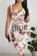 Red Apricot Sexy Letter Print Flowers Contrast U Neck Printed Dresses