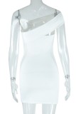 White Sexy Hot Solid Color Patchwork Backless Oblique Collar Wrapped Skirt Dresses