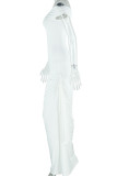 White Sexy Solid Color Ruched Oblique Collar Long Dresses