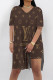 Brown Casual Street Letter Print Gradient Slit Contrast V Neck Short Sleeve Two Pieces
