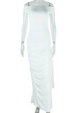 White Sexy Solid Color Ruched Oblique Collar Long Dresses