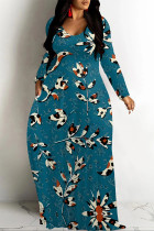 Royal Blue Casual Street Floral Print Pocket Contrast V Neck Printed Dresses