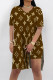 Coffee Casual Street Letter Print Gradient Slit Contrast V Neck Short Sleeve Two Pieces